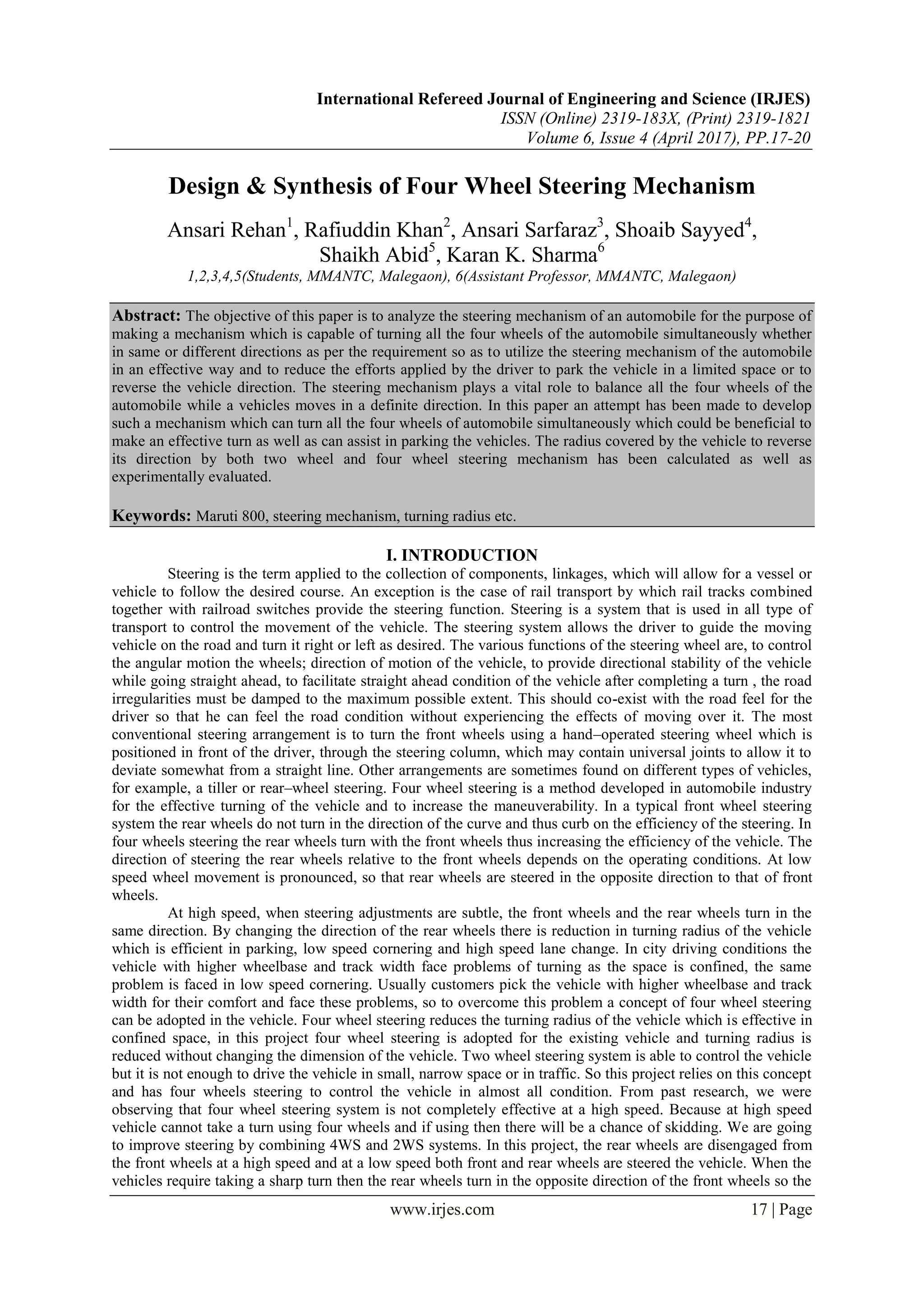 Design & Synthesis of Four Wheel Steering Mechanism | PDF