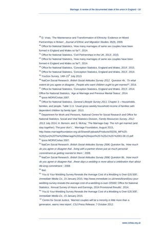 Marriage: A review of the documented state of the union in England • 18
www.civitas.org.uk
39
D. Voas, „The Maintenance and Transformation of Ethnicity: Evidence on Mixed
Partnerships in Britain‟, Journal of Ethnic and Migration Studies, 35(9), 2009.
40
Office for National Statistics, „How many marriages of same sex couples have been
formed in England and Wales so far?‟, 2014.
41
Office for National Statistics, „Civil Partnerships in the UK, 2013‟, 2015.
42
Office for National Statistics, „How many marriages of same sex couples have been
formed in England and Wales so far?‟, 2014.
43
Office for National Statistics, „Conception Statistics, England and Wales, 2014‟, 2015.
44
Office for National Statistics, „Conception Statistics, England and Wales, 2013‟, 2014.
45
YouGov Survey, 14th-15
th
July 2013.
46
NatCen Social Research, British Social Attitudes Survey 2012, Question 4b, „To what
extent do you agree or disagree...People who want children ought to get married?‟, 2014.
47
Office for National Statistics, „Conception Statistics, England and Wales, 2013‟, 2014;
Office for National Statistics, „Age at Marriage and Previous Marital Status‟, 2014.
48
Ipsos MORI/Civitas 2007.
49
Office for National Statistics, General Lifestyle Survey 2011, Chapter 3 – Households,
families, and people, Table 3.11 „Usual gross weekly household income of families with
dependent children by family type‟, 2013.
50
Department for Work and Pensions, National Centre for Social Research and Office for
National Statistics. Social and Vital Statistics Division, Family Resources Survey, 2012-
2013, July 2014; H. Benson, and S. McKay, „The Marriage Gap: The rich get married (and
stay together). The poor don‟t.‟, Marriage Foundation, August 2015,
http://www.marriagefoundation.org.uk/Shared/Uploads/Products/59256_MF%20-
%20(Sun)%20The%20Marriage%20Gap%20report%20-%20v1%20-%2001.08.15.pdf.
51
Ipsos MORI/Civitas 2007.
52
NatCen Social Research, British Social Attitudes Survey 2006, Question 8a, „How much
do you agree or disagree that...living with a partner shows just as much personal
commitment as getting married to them.‟, 2008.
53
NatCen Social Research, British Social Attitudes Survey 2006, Question 8b, „How much
do you agree or disagree that...these days a wedding is more about a celebration than about
life-long commitment.‟, 2008.
54
Ibid.
55
„You & Your Wedding Survey Reveals the Average Cost of a Wedding is Over £20,500‟,
Immediate Media Co., 15 January 2015, http://www.immediate.co.uk/news/brand/you-your-
wedding-survey-reveals-the-average-cost-of-a-wedding-is-over-20500/; Office for National
Statistics, „Annual Survey of Hours and Earnings, 2014 Provisional Results‟, 2014.
56
„You & Your Wedding Survey Reveals the Average Cost of a Wedding is Over £20,500‟,
Immediate Media Co., 15 January 2015.
57
Centre for Social Justice, „Married couples will be a minority in little more than a
generation, warns new report‟, CSJ Press Release, 7 October 2012.
 