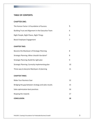 FAILSAFE: Creating A Foundation for Predictable Business Growth 3
TABLE OF CONTENTS:
CHAPTER ONE:
The Human Factor: A Foundation of Success 5
Building Trust and Alignment in the Executive Team 6
Right People, Right Places, Right Things 6
Boost Employee Engagement 7
CHAPTER TWO:
Become the MacGyver of Strategic Planning 8
Strategic Planning: When should it be done? 8
Strategic Planning: Build the right plan 9
Strategic Planning: Correctly implementing plan 10
Three way to become MacGyver of planning 11
CHAPTER THREE:
Make Your Business Soar 12
Bridging the gap between strategy and sales results 15
Sales optimization best practices 16
Reaping the rewards 17
CONCLUSION: 18
 