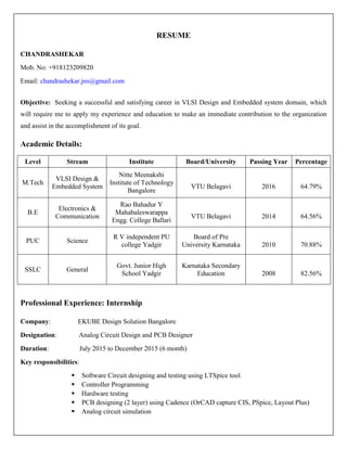 RESUME
CHANDRASHEKAR
Mob. No: +918123209820
Email: chandrashekar.jns@gmail.com
Objective: Seeking a successful and satisfying career in VLSI Design and Embedded system domain, which
will require me to apply my experience and education to make an immediate contribution to the organization
and assist in the accomplishment of its goal.
Academic Details:
Level Stream Institute Board/University Passing Year Percentage
M.Tech
VLSI Design &
Embedded System
Nitte Meenakshi
Institute of Technology
Bangalore
VTU Belagavi 2016 64.79%
B.E
Electronics &
Communication
Rao Bahadur Y
Mahabaleswarappa
Engg. College Ballari
VTU Belagavi 2014 64.56%
PUC Science
R V independent PU
college Yadgir
Board of Pre
University Karnataka 2010 70.88%
SSLC General
Govt. Junior High
School Yadgir
Karnataka Secondary
Education 2008 82.56%
Professional Experience: Internship
Company: EKUBE Design Solution Bangalore
Designation: Analog Circuit Design and PCB Designer
Duration: July 2015 to December 2015 (6 month)
Key responsibilities:
 Software Circuit designing and testing using LTSpice tool
 Controller Programming
 Hardware testing
 PCB designing (2 layer) using Cadence (OrCAD capture CIS, PSpice, Layout Plus)
 Analog circuit simulation
 