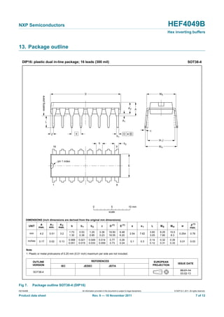 HEF4049B All information provided in this document is subject to legal disclaimers. © NXP B.V. 2011. All rights reserved.
Product data sheet Rev. 9 — 18 November 2011 7 of 12
NXP Semiconductors HEF4049B
Hex inverting buffers
13. Package outline
Fig 7. Package outline SOT38-4 (DIP16)
REFERENCESOUTLINE
VERSION
EUROPEAN
PROJECTION
ISSUE DATE
IEC JEDEC JEITA
SOT38-4
95-01-14
03-02-13
MH
c
(e )1
ME
A
L
seatingplane
A1
w M
b1
b2
e
D
A2
Z
16
1
9
8
E
pin 1 index
b
0 5 10 mm
scale
Note
1. Plastic or metal protrusions of 0.25 mm (0.01 inch) maximum per side are not included.
UNIT
A
max.
1 2 b1
(1) (1) (1)
b2 c D E e M Z
HL
mm
DIMENSIONS (inch dimensions are derived from the original mm dimensions)
A
min.
A
max. b
max.
wMEe1
1.73
1.30
0.53
0.38
0.36
0.23
19.50
18.55
6.48
6.20
3.60
3.05
0.2542.54 7.62
8.25
7.80
10.0
8.3
0.764.2 0.51 3.2
inches 0.068
0.051
0.021
0.015
0.014
0.009
1.25
0.85
0.049
0.033
0.77
0.73
0.26
0.24
0.14
0.12
0.010.1 0.3
0.32
0.31
0.39
0.33
0.030.17 0.02 0.13
DIP16: plastic dual in-line package; 16 leads (300 mil) SOT38-4
 