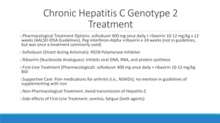 Chronic Hepatitis C Genotype 2
Treatment
oPharmacological Treatment Options: sofosbuvir 400 mg once daily + ribavirin 10-12 mg/kg x 12
weeks (AALSD-IDSA Guidelines), Peg-Interferon-Alpha +ribavirin x 24 weeks (not in guidelines,
but was once a treatment commonly used)
oSofosbuvir (Direct Acting Antivirals): NS5B Polymerase Inhibitor
oRibavirin (Nucleoside Analogues): Inhibits viral DNA, RNA, and protein synthesis
oFirst-Line Treatment (Pharmacological): sofosbuvir 400 mg once daily + ribavirin 10-12 mg/kg
BID
oSupportive Care: Pain medications for arthritis (i.e., NSAIDs); no mention in guidelines of
supplementing with iron
oNon-Pharmacological Treatment: Avoid transmission of Hepatitis C
oSide effects of First-Line Treatment: anemia, fatigue (both agents)
 