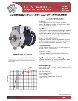 C653
                                                                                                                  28 volt
                                                                                                                  260 amp




                                                                                   ALTERNATOR FEATURES
                                                                       Air Cooled
                                                                       Eliminates the need for an oil or water circulation
                                                                       system. No possibility of leaks, no hoses, and no waste
                                                                       heat transferred to the engine.

                                                                       High Efficiency
                                                                       High Efficiency means lower internal alternator operating
                                                                       temperature, resulting in longer alternator life. Less
                                                                       engine power needed to produce electric power means
                                                                       more engine power available for other needs.

                                                                       Unique Brushless Construction
                                                                       Elimination of rotating windings, brushes and slip rings
                                                                       yields durability, extends service life, eliminates arcing
                                                                       and reduces electromagnetic interference. (EMI)

                                                                       Long Life Bearings
                                                                       Special bearings system designed for extended service
                                                                       life in hot engine compartments.

                                                                       Conformal Coating
                                                                       Protects regulator and rectifier against damage from
           PERFORMANCE CURVES                                          vibration and corrosion.

The measurments listed on the curves are taken at the listed ambient   High Temperature Insulation and Coating
temperatures with a stabilized machine temperature, as per SAE J56.    Increases durability in hot engine compartments; seals
The shaded area highlights output available at typical engine idle
alternator speed.                                                      out moisture and protects against corrosion.


                                                                       Regulator Features*
                                                                       Model has R and D+ terminals to supply status to vehicle
                                                                       monitering system.

                                                                       Soft start protection
                                                                       Overvoltage protection
                                                                       Smart regulators
                                                                       High reliability “Military Style” connectors
                                                                       100% protected




                                                                                                             *For select regulators

                                                                                                                  C653
 