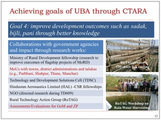 Goal 4: improve development outcomes such as sadak,
bijli, pani through better knowledge
Collaborations with government agencies
and impact through research works:
Ministry of Rural Development fellowship (research to
improve ourcomes of flagship projects of MoRD)
MoUs with towns, district administrations and talukas
(e.g., Parbhani, Shahpur, Thane, Manchar)
Technology and Development Solutions Cell (TDSC)
Hindustan Aeronautics Limited (HAL) -CSR fellowships
NGO (directed research during TD609)
Rural Technology Action Group (RuTAG)
Assessments/Evaluations for GoM and ZP
RuTAG project
Off shore fish cooling
RuTAG Workshop on
Rain Water Harvesting
in Rural Areas
Achieving goals of UBA through CTARA
12
 