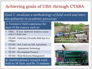 A. Extensive field experience for
most of the courses such as:
• TDSL - B Tech. fieldwork intensive course
with 4-5 field visits
• TD 609 - Field stay (10 weeks field stay in a
village)
• TD 602 - Soil, Land use GIS, Agriculture
• TD 605 - Appropriate Technology
• TD 691 - Development Protocol
• TD 603 - Water Resource Management
B. Interdisciplinary research work
both by M Tech. and Ph. D students
Goal 2: inculcate a methodology of field-work and inter-
disciplinarity in academic processes
Mtech. project on Operational Efficiencies
of small Irrigation Pumping systems
Voltage monitoring unit
Developed by TDSL students
Achieving goals of UBA through CTARA
7
 