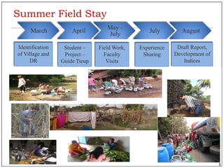 Summer Field Stay
Identification
of Village and
DR
Student –
Project –
Guide Tieup
Field Work,
Faculty
Visits
Experience
Sharing
Draft Report,
Development of
Indices
8
 