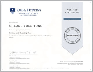 AUGUST 04, 2015
CHEONG YUEN TONG
Getting and Cleaning Data
a 4 week online non-credit course authorized by Johns Hopkins University and offered through
Coursera
has successfully completed with distinction
Jeffrey Leek, PhD
Department of Biostatistics
Johns Hopkins Bloomberg School of Public Health
Roger D. Peng, PhD
Department of Biostatistics
Johns Hopkins Bloomberg School of Public Health
Brian Caffo, PhD, MS
Department of Biostatistics
Johns Hopkins Bloomberg School of Public Health
Verify at coursera.org/verify/2YESNVFEXM
Coursera has confirmed the identity of this individual and
their participation in the course.
This certificate does not confer academic credit toward a degree or official status at the Johns Hopkins University.
 