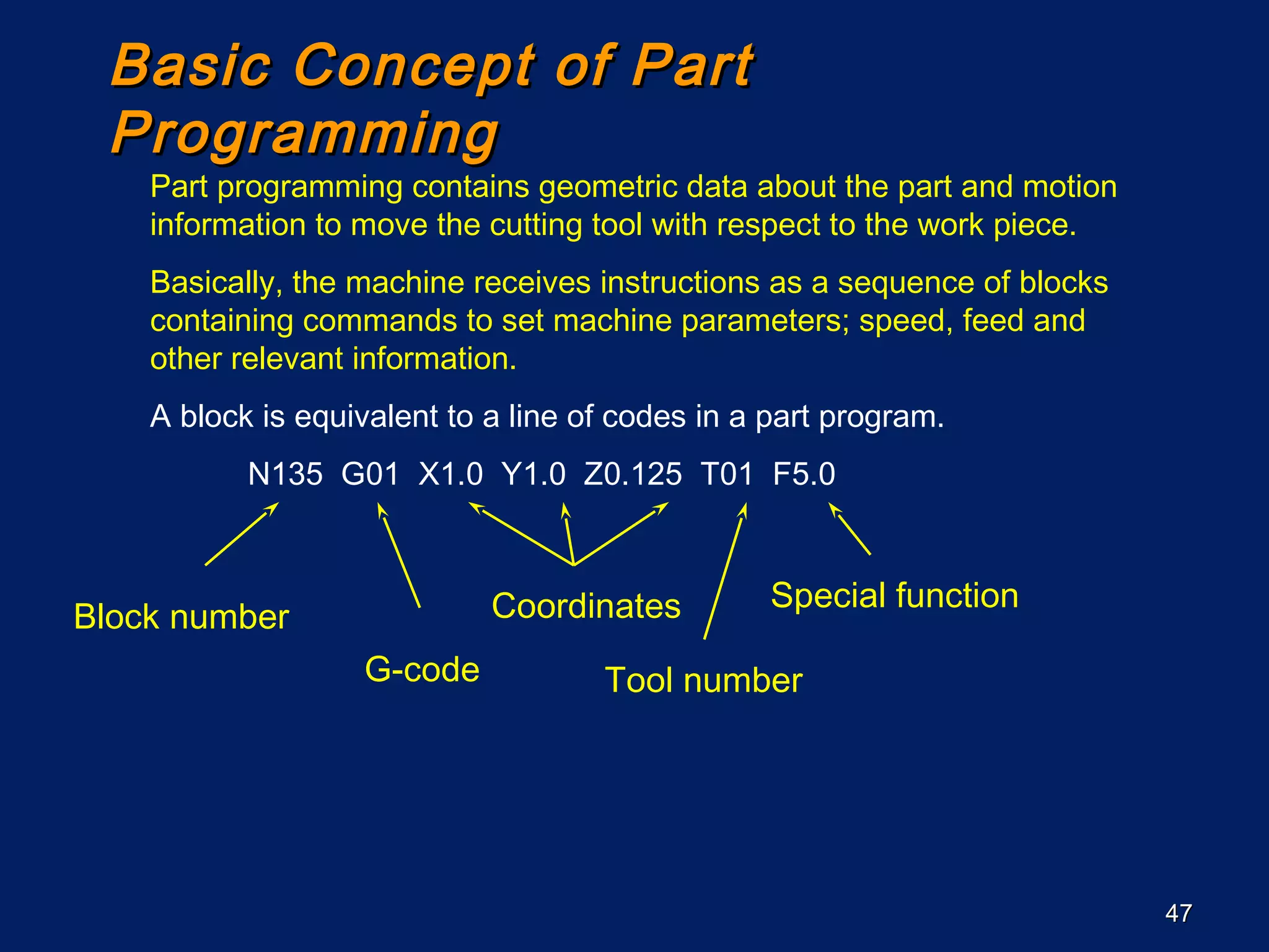 4747
Basic Concept of PartBasic Concept of Part
ProgrammingProgramming
Part programming contains geometric data about the part and motion
information to move the cutting tool with respect to the work piece.
Basically, the machine receives instructions as a sequence of blocks
containing commands to set machine parameters; speed, feed and
other relevant information.
A block is equivalent to a line of codes in a part program.
N135 G01 X1.0 Y1.0 Z0.125 T01 F5.0
Coordinates Special function
Block number
G-code Tool number
 