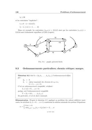 138                                                                        Probl`mes d’ordonnancement
                                                                                e


      t6 ≥ 20
et les contraintes ”implicites” :
      ti ≥ 0 (i = 2,3,4,5);
      t7 − ti ≥ di (i = 1, . . . ,6)
    Dans cet exemple, les contraintes (x0 ,xi ),i = 2,3,4,5 ainsi que les contraintes (xi ,x7 ),i =
2,3,5,6 sont ´videmment superﬂues (cf §9.6 ci-apr`s).
             e                                     e

                                     10                             12
                                                     2                         3
                                       7                                 -12
                         0
                0                1               9       -18                   9          7

                    20                                                             20
                                                     5                         4
                                      10                       15
                                 6


                                     Fig. 9.1 – graphe potentiel-tˆche
                                                                  a



9.3       Ordonnancements particuliers; chemin critique; marges.


   Th´or`me 9.2 Soit Λ = (λ0 ,λ1 , . . . ,λn ,λn+1 ) l’ordonnancement d´ﬁni
      e e                                                              e
   par :
          λ0 = 0
          λi = valeur maximale des chemins de x0 ` xi    a
                    (i = 1, . . . ,n + 1).
   C’est un ordonnancement compatible, v´riﬁant :
                                             e
         λi ≤ ti (i = 0, . . . ,n + 1)
   quelque soit l’ordonnancement compatible
         T = (t0 = 0,t1 , . . . ,tn ,tn+1 ).
   En particulier, il est de dur´e minimale.
                                     e

D´monstration D’apr`s le th´or`me 8.7, appliqu´ au probl`me des valeurs additives maxi-
 e                         e           e e                  e          e
males, les attributs λi (i = 0, . . . ,n + 1) constituent la solution minimale du syst`me d’´quations:
                                                                                      e     e
                0 si i = 0
      xi =
                maxxj ∈Γ−1 (xi ) (xj + v(j,i))si i = 2, . . . ,n

                                                     c IFSIC 2004
 