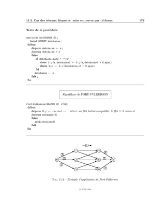 11.5. Cas des r´seaux bi-partis : mise en œuvre par tableaux
               e                                                                               173


Texte de la proc´dure
                e

amelioration(GRAPHE G) ;
   local SOMMET debchaine ;
 d´but
  e
    depuis debchaine ← s ;
    jusqua debchaine = e
    faire
       si debchaine.marq = ’’+x’’
           alors G.ϕ(x,debchaine) ← G.ϕ(x,debchaine) + G.epsil
           sinon G.ϕ ← G.ϕ(debchaine,x) - G.epsil
       fsi ;
      debchaine ← x
    fait ;
 ﬁn




                                  Algorithme de FORD-FULKERSON


ford-fulkerson(GRAPHE G) c’est
 d´but
  e
    depuis G.ϕ ← initial --           d´livre un ﬂot initial compatible; le ﬂot ≡ 0 convient
                                       e
    jusqua marquage(G)
    faire
        amelioration(G)
      fait
 ﬁn




                                                    1

                                          1                  4
                                                                   2
                              2
                                  2                               2
                          e               2                  5           s

                              2
                                                                  2
                                          3                  6



                     Fig. 11.3 – Exemple d’application de Ford-Fulkerson


                                              c IFSIC 2004
 