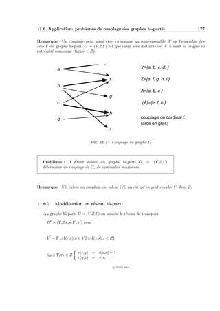 11.6. Application: probl`mes de couplage des graphes bi-partis
                        e                                                               177


Remarque Un couplage peut aussi ˆtre vu comme un sous-ensemble W de l’ensemble des
                                    e
arcs Γ du graphe bi-parti G = (Y,Z,Γ) tel que deux arcs distincts de W n’aient ni origine ni
extr´mit´ commune (ﬁgure 11.7).
    e e

                                        e
           a                                               Y={a, b, c, d, }

                                        f                  Z={e, f, g, h, i }
           b
                                                           A={a, b, c }
                                        g
           c                                               (A)={e, f, h }

                                        h
           d                                               couplage de cardinal 3
                                                           (arcs en gras)
                                        i

                              Fig. 11.7 – Couplage du graphe G



                    ´
   Probl`me 11.1 Etant donn´ un graphe bi-parti G
         e                     e                              =    (Y,Z,Γ),
   d´terminer un couplage de G, de cardinalit´ maximum
    e                                        e



Remarque S’il existe un couplage de valeur |Y |, on dit qu’on peut coupler Y dans Z.



11.6.2   Mod´lisation en r´seau bi-parti
            e             e

   Au graphe bi-parti G = (Y,Z,Γ) on associe le r´seau de transport
                                                 e

     G = (Y,Z,e,s; Γ ; c ) avec


     Γ = Γ ∪ {(e,y),y ∈ Y } ∪ {(z,s),z ∈ Z}


                       c(e,y) = c(z,s) = 1
     ∀y ∈ Y,∀z ∈ Z
                       c(y,z) = +∞

                                            c IFSIC 2004
 