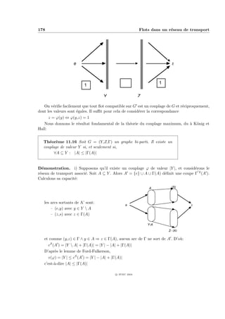 178                                                         Flots dans un r´seau de transport
                                                                           e




                    e                                                       s



                                                                      1
                          1

                                     Y                      Z

   On v´riﬁe facilement que tout ﬂot compatible sur G est un couplage de G et r´ciproquement,
         e                                                                      e
dont les valeurs sont ´gales. Il suﬃt pour cela de consid´rer la correspondance
                      e                                  e
      z = ϕ(y) ⇔ ϕ(y,z) = 1
   Nous donnons le r´sultat fondamental de la th´orie du couplage maximum, du ` K¨nig et
                     e                          e                             a o
Hall:


   Th´or`me 11.16 Soit G = (Y,Z,Γ) un graphe bi-parti. Il existe un
      e e
   couplage de valeur Y si, et seulement si,
         ∀A ⊆ Y : |A| ≤ |Γ(A)|


D´monstration. i) Supposons qu’il existe un couplage ϕ de valeur |Y |, et consid´rons le
   e                                                                                e
r´seau de transport associ´. Soit A ⊆ Y . Alors A = {e} ∪ A ∪ Γ(A) d´ﬁnit une coupe Γ S (A ).
 e                        e                                         e
Calculons sa capacit´:
                    e

                                                                A           (A)



   les arcs sortants de A’ sont:
                                                    e                               s
       – (e,y) avec y ∈ Y  A
       – (z,s) avec z ∈ Γ(A)

                                                                Y-A
                                                                          Z- (A)

   et comme (y,z) ∈ Γ ∧ y ∈ A ⇒ z ∈ Γ(A), aucun arc de Γ ne sort de A . D’o`:
                                                                           u
     cS (A ) = |Y  A| + |Γ(A)| = |Y | − |A| + |Γ(A)|
   D’apr`s le lemme de Ford-Fulkerson,
         e
      v(ϕ) = |Y | ≤ cS (A ) = |Y | − |A| + |Γ(A)|
   c’est-`-dire |A| ≤ |Γ(A)|
         a

                                             c IFSIC 2004
 