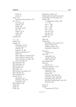 INDEX                                                                                187


    feuille, 51                             Diagramme sagittal, 19
    racine, 51                              Dictionnaire des pr´d´cesseurs, 20
                                                               e e
Arbre, 145                                  Dictionnaire des successeurs, 20
    partiel de poids minimum, 148           Dio¨ 128
                                               ıde,
Arc, 15, 16                                     ∪ multiplication latine, 132
    ´tat visit´, 53
    e          e                                × +, 132
    capacit´, 157
             e                                  max ×, 130
    charg´, 162
           e                                    max +, 130
    extr´mit´, 16, 21
         e e                                    min ×, 131
    ﬂux, 157                                    min +, 130
    origine, 16, 21                             min max, 131
    satur´, 162
          e                                     min min, 131
    visit´, 53
         e                                      ET OU, 130
Attribut, 26                                Dualit´, 161
                                                  e

C++, 26                                     Eiﬀel, 26
Chaˆ 145
    ıne,                                    Exploration
Chemin, 19                                      descendance d’un sommet, 53
    ´l´mentaire, 19, 38
    ee                                          largeur d’abord, 58
    concat´nation, 19
           e                                    meilleur d’abord, 113
    existence, 37                               profondeur d’abord, 59
    longueur, 19, 106
                                            Fermeture
    longueur maximum, 75
                                                transitive, 38
    valeur, 98
                                            Flot, 158
    valeur additive 1-minimale, 99
                                                compatible, 158
    valeur additive minimale, 99
                                                complet, 167, 169
    valeur minimale : routage, 126
                                                valeur, 159, 160
    valeur optimale, 98                     PE complet, 167
PE ∗-optimal-∗, 99                          Fonction
PE ´l´mentaire, 49
    ee                                          injective, 75
PE extr´mit´, 19
         e e                                Fonction ordinale, 74, 119
PE longueur, 33                             Ford-Fulkerson
PE origine, 19                                  algorithme, 162
PE sommet interm´diaire, 19
                   e                            am´lioration, 167
                                                    e
PE x-optimal, 98                                lemme, 161
PE x-optimal-y, 98                              marquage, 162, 167, 169
Circuit, 19, 71                                 marquage arri`re, 162, 169
                                                               e
    ´l´mentaire, 19
    ee                                          marquage avant, 162, 169
    absorbant, 103, 126                         proc´dure d’am´lioration, 163, 170
                                                      e          e
    hamiltonien, 93                             th´or`me, 163
                                                   e e
PE absorbant, 100
Classe, 26                                  G(X), 29
cr´er, 25
  e                                         Graphe
Cycle, 145                                     τ -minimal, 49, 77, 93

                                     c IFSIC 2004
 