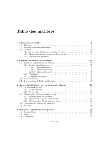 Table des mati`res
              e

1 Introduction, exemples                                                                                                                        9
  1.1 Historique . . . . . . . . . . . . . . . . . . . . . . . . .                 .   .   .   .   .   .   .   .   .   .   .   .   .   .   .    9
  1.2 Relations graphes et informatique . . . . . . . . . . . .                    .   .   .   .   .   .   .   .   .   .   .   .   .   .   .    9
  1.3 Exemples . . . . . . . . . . . . . . . . . . . . . . . . .                   .   .   .   .   .   .   .   .   .   .   .   .   .   .   .   10
       1.3.1 Le probl`me du chou, de la ch`vre et du loup .
                       e                       e                                   .   .   .   .   .   .   .   .   .   .   .   .   .   .   .   10
       1.3.2 Blocage mutuel dans un partage de ressources .                        .   .   .   .   .   .   .   .   .   .   .   .   .   .   .   11
       1.3.3 Fiabilit´ dans les r´seaux . . . . . . . . . . . .
                     e            e                                                .   .   .   .   .   .   .   .   .   .   .   .   .   .   .   12

2 Graphes : un mod`le math´matique
                     e         e                                                                                                               15
  2.1 D´ﬁnitions math´matiques et notations .
        e              e                               .   .   .   .   .   .   .   .   .   .   .   .   .   .   .   .   .   .   .   .   .   .   15
      2.1.1 L’objet math´matique . . . . . . .
                          e                            .   .   .   .   .   .   .   .   .   .   .   .   .   .   .   .   .   .   .   .   .   .   15
             2.1.1.1 Vision ensembliste . . . .        .   .   .   .   .   .   .   .   .   .   .   .   .   .   .   .   .   .   .   .   .   .   15
             2.1.1.2 Vision fonctionnelle . . .        .   .   .   .   .   .   .   .   .   .   .   .   .   .   .   .   .   .   .   .   .   .   15
             2.1.1.3 Vision relationnelle . . .        .   .   .   .   .   .   .   .   .   .   .   .   .   .   .   .   .   .   .   .   .   .   16
      2.1.2 Vocabulaire . . . . . . . . . . . .        .   .   .   .   .   .   .   .   .   .   .   .   .   .   .   .   .   .   .   .   .   .   16
      2.1.3 Propri´t´s de graphes . . . . . . .
                    ee                                 .   .   .   .   .   .   .   .   .   .   .   .   .   .   .   .   .   .   .   .   .   .   18
  2.2 Notion de chemin . . . . . . . . . . . . . .     .   .   .   .   .   .   .   .   .   .   .   .   .   .   .   .   .   .   .   .   .   .   19
  2.3 Repr´sentations de l’objet math´matique
           e                          e                .   .   .   .   .   .   .   .   .   .   .   .   .   .   .   .   .   .   .   .   .   .   19

3 Aspect algorithmique : un type de donn´es abstrait
                                                 e                                                                                             21
  3.1 Les sommets et les arcs . . . . . . . . . . . . . . . . .                    .   .   .   .   .   .   .   .   .   .   .   .   .   .   .   21
      3.1.1 Le type Sommet . . . . . . . . . . . . . . . . .                       .   .   .   .   .   .   .   .   .   .   .   .   .   .   .   21
      3.1.2 Le type Arc . . . . . . . . . . . . . . . . . . . .                    .   .   .   .   .   .   .   .   .   .   .   .   .   .   .   21
  3.2 Trois exemples de repr´sentation concr`te . . . . . . .
                             e                 e                                   .   .   .   .   .   .   .   .   .   .   .   .   .   .   .   22
      3.2.1 Repr´sentation par tableaux . . . . . . . . . . .
                  e                                                                .   .   .   .   .   .   .   .   .   .   .   .   .   .   .   22
      3.2.2 Repr´sentation par tableaux et listes . . . . . .
                  e                                                                .   .   .   .   .   .   .   .   .   .   .   .   .   .   .   23
      3.2.3 Repr´sentation d´centralis´e par listes . . . . .
                  e            e         e                                         .   .   .   .   .   .   .   .   .   .   .   .   .   .   .   23
  3.3 Le type abstrait Graphe : les m´thodes . . . . . . . . .
                                      e                                            .   .   .   .   .   .   .   .   .   .   .   .   .   .   .   24
  3.4 Notations . . . . . . . . . . . . . . . . . . . . . . . . .                  .   .   .   .   .   .   .   .   .   .   .   .   .   .   .   26

4 Relations et op´rateurs entre
                  e                    graphes                                                     29
  4.1 Relation d’ordre . . . . . .     . . . . . . . . . . . . . . . . . . . . . . . . . . . . . . 29
  4.2 Union . . . . . . . . . . . .    . . . . . . . . . . . . . . . . . . . . . . . . . . . . . . 29
  4.3 Composition . . . . . . . .      . . . . . . . . . . . . . . . . . . . . . . . . . . . . . . 30

                                            c IFSIC 2004
 
