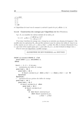 46                                                                        Fermeture transitive



 y     y.R[4]
 1     2
 2     4
 3     2
 4     nil
et l’algorithme de trac´ vers le sommet 4, ex´cut´ ` partir de y=1, aﬃche 1 2 4.
                       e                     e ea

5.4.4.2      Construction des routages par l’algorithme de Roy-Warshall
    ∀y ∈ X, on consid`re les valeurs initiales de la table y.R :
                       e
                             nil si (y,z) ∈ Γ
      ∀z ∈ X : y.R[z] =
                             z si (y,z) ∈ Γ
    C’est donc l’attribut de routage vers z lorsqu’on se restreint aux chemins de longueur 1. On
modiﬁe alors les op´rations Θx , aﬁn qu’elles mettent ` jour les valeurs des tables R : dans le cas
                    e                                   a
o` Θx rajoute un arc entre y et z, alors y.R[z] ←y.R[x]. En eﬀet, le chemin ´l´mentaire de y
 u                                                                                ee
a
` z qui vient d’ˆtre rep´r´ passe par x : pour aller de y ` z, on doit d’abord se diriger vers x.
                e        ee                               a
    D’o` le texte de l’algorithme, modiﬁ´ routage :
       u                                   e

                    ALGORITHME DE ROY-WARSHALL avec ROUTAGE


GRAPHE roy-warshall(GRAPHE G) c’est
   local SOMMET x,y,z ; ENS[SOMMET] X;
 d´but
  e

     Result ← G ; X ← G.lst som ;
     -- initialisation des tables de routage
      pour tout y de X
         pour tout z de X
             si Result.validarc(y,z) alors y.R[z] ← z sinon y.R[z] ← nil fsi
         fpourtout
      fpourtout ;
     -- op´rations Θ avec gestion des tables de routage
            e
      pour tout x de X
         pour tout y de X
            si Result.validarc(y,x) alors
               pour tout z de X
                  si Result.validarc(x,z)
                     alors
                       si non Result.valid arc(y,z)
                           alors Result.ajoutarc(y,z);
                                       y.R[z] ← y.R[x]
                       fsi

                                            c IFSIC 2004
 