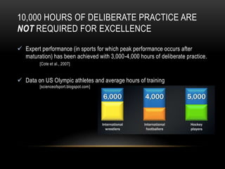 10,000 HOURS OF DELIBERATE PRACTICE ARE
NOT REQUIRED FOR EXCELLENCE
 Expert performance (in sports for which peak performance occurs after
maturation) has been achieved with 3,000-4,000 hours of deliberate practice.
[Cote et al., 2007]
 Data on US Olympic athletes and average hours of training
[scienceofsport.blogspot.com]
 