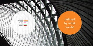 We are the region’s leading full service design
and production company because we believe
that excellence in efficiency, craftsmanship,
quality and professionalism should never be
compromised - no matter what is being done,
no matter what the circumstances.
We have been offering end-to-end design and
production solutions since 1995. We draw on the
expertise of our five divisions to work towards one
goal; delivering world class, commercially successful
projects from conception to implementation.
RÉSUMÉ
20 YEARS
of invaluable
experience
200+ STANDS
custom built
in 2014
40+ EVENTS
managed
in 2014
250+
employees
and staff
2 LOCATIONS
in dubai and
abu dhabi
15+ COUNTRIES
with successful
activations
80,000 SQFT
of production
facilities
$23 MILLION
in revenues
for 2015
 