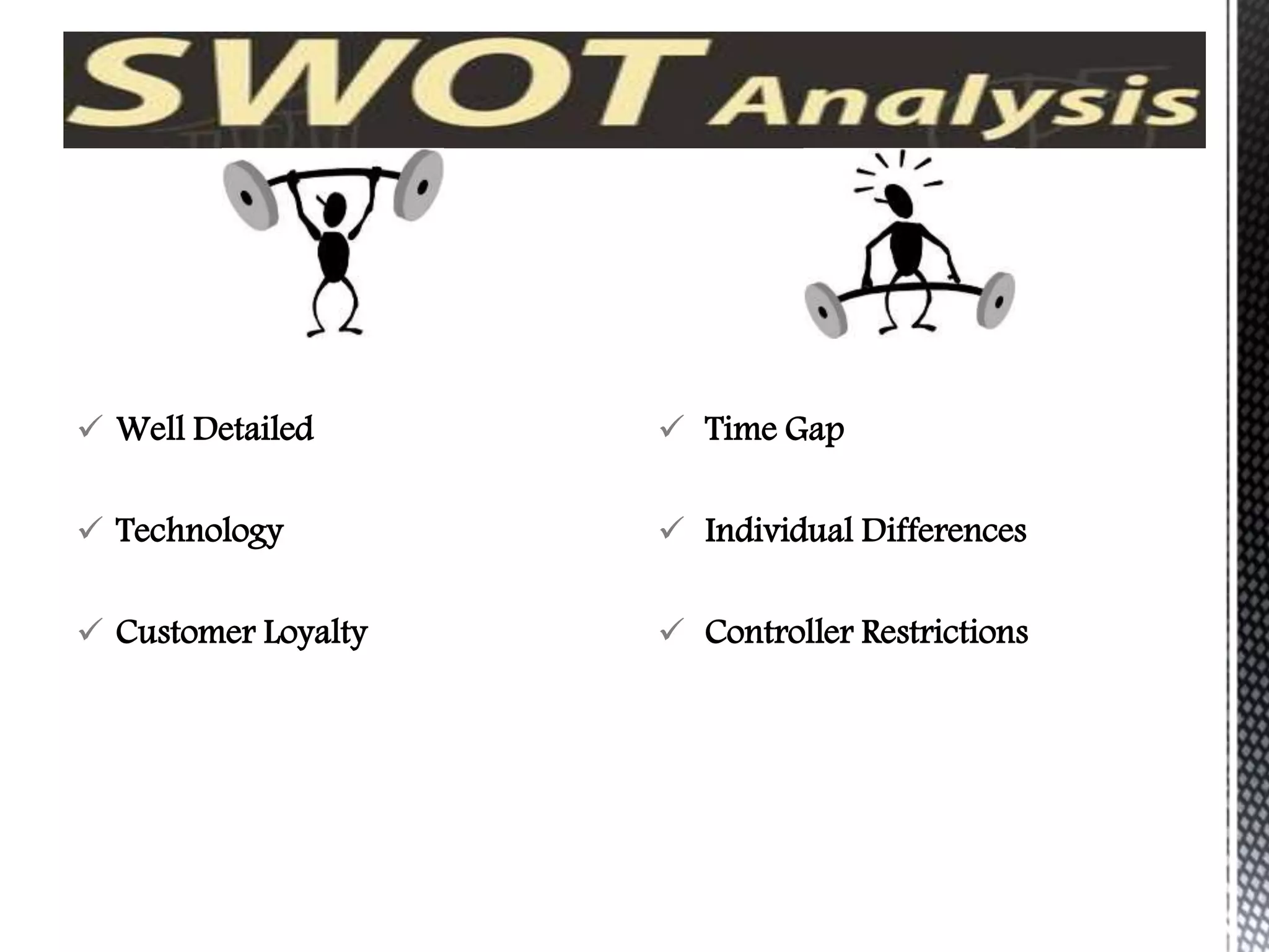 Well Detailed
 Technology
 Customer Loyalty
 Time Gap
 Individual Differences
 Controller Restrictions
 