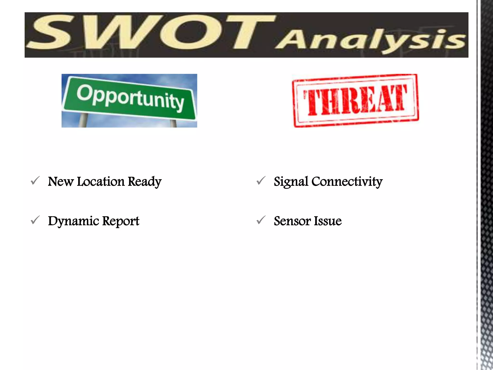  New Location Ready
 Dynamic Report
 Signal Connectivity
 Sensor Issue
 
