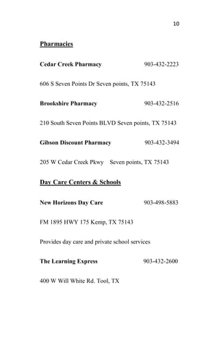 10
Pharmacies
Cedar Creek Pharmacy 903-432-2223
606 S Seven Points Dr Seven points, TX 75143
Brookshire Pharmacy 903-432-2516
210 South Seven Points BLVD Seven points, TX 75143
Gibson Discount Pharmacy 903-432-3494
205 W Cedar Creek Pkwy Seven points, TX 75143
Day Care Centers & Schools
New Horizons Day Care 903-498-5883
FM 1895 HWY 175 Kemp, TX 75143
Provides day care and private school services
The Learning Express 903-432-2600
400 W Will White Rd. Tool, TX
 