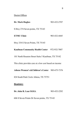 9
Doctor Offices
Dr. Mark Hughes 903-432-2707
S Hwy 274 Seven points, TX 75143
ETMC Clinic 903-432-4445
Hwy 334 E Seven Points, TX 75143
Kaufman Community Health Center 972-932-7007
101 North Houston Street Suite 5 Kaufman, TX 75142
This clinic provides care at a low cost based on income
Athens Women’s &Children’s Center 903-675-7376
824 South Park Circle Athens, TX 75751
Dentistry
Dr. John R. Loar D.D.S. 903-432-2292
606 S Seven Points Dr Seven points, TX 75143
 