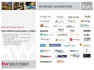 I N TE RNET MARK E TI N G
T h i s p r o p r i e t a r y , e x c l u s i v e
s y s t e m e n s u r e s
y o u r p r o p e r t y i s m a r k e t e d
o n l i n e 2 4 / 7
t h r o u g h m o r e t h a n 3 5 0 o f
t h e m o s t p o p u l a r
s e a r c h W e b s i t e s .
EXTENDED MARKET REACH
Keller Williams Listing System, or KWLS.
 