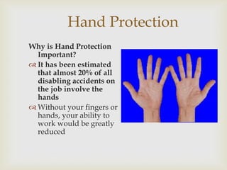 Hand Protection
Why is Hand Protection
Important?
 It has been estimated
that almost 20% of all
disabling accidents on
the job involve the
hands
 Without your fingers or
hands, your ability to
work would be greatly
reduced
 