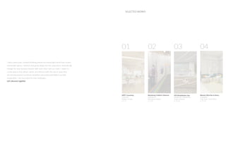 SELECTED WORKS
NEXT Coworking
Corporate
Atlanta, Georgia
p. 1-6
Blomme Wine Bar & Eatery
Hospitality
Cape Town, South Africa
p. 17-22
01 02 03 04
VEA Rehabilitation Spa
Healthcare & Residential
Stowe, Vermont
p. 11-16
I value passionate, forward thinking people and meaningful work that creates
memorable places. I believe that great design has the potential to dramatically
change the way humans interact with each other and our earth. I aspire to
create spaces that attract, excite, and interact with the user in ways that
are simultaneously functional, beautiful, and environmentally & socially
responsible. I am fascinated by new challenges.
Let’s discover together.
Blacksburg Children’s Museum
Institutional
Blacksburg, Virginia
p. 7-10
 