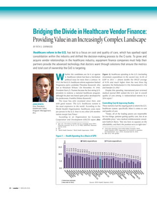 28 • monitor • MAY/JUN 2016
Figure 1), healthcare spending in the U.S. (excluding
investment expenditure in the sector) was 16.4% of
GDP in 2013 — almost double the OECD average
of 8.9% and much higher than the next three big
spenders: the Netherlands (11.1%), Switzerland (11.1%)
and Sweden (11.0%).4
Despite this spending, international peer reviewed
medical journal BMJ ranked the U.S. last in overall
quality of care among 11 industrialized nations in a
2014 report.5
Controlling Cost & Improving Quality
These statistics fuel the ongoing push to reform the U.S.
healthcare system, specifically when it comes to cost
and quality of care.
“Today, all of the leading payers are responsible
for two things: patients getting quality care, but at an
affordable price,” says medical reimbursement consul-
tant Kathryn Barry. “But you have to squeeze on the
affordability, and that’s the position we’re in right now.”
4 “How Does Spending in the United States Compare?” OECD
Health Statistics 2015. Organization for Economic Co-operation
and Development. July 7, 2015. Accessed April 8, 2016.
5 BMJ 2014; 348 :g4080
W
hether the candidates are for it or against
it, healthcare reform has been a hot-button
political issue for more than a century. In
1912, the first U.S. healthcare reform supporters backed
Progressive party candidate Theodore Roosevelt, who
lost to Woodrow Wilson.1
On November 19, 1945,
President Harry S. Truman became the first sitting U.S.
president to endorse a national healthcare program,
although his plan was based upon policy developed by
his predecessor, Franklin Delano Roosevelt.2
The issue has only escalated since then, and
with good reason. The U.S. healthcare system is
the most expensive in the world. According to the
World Health Organization, healthcare costs more
per person in the U.S. than in any other UN member
nation except East Timor.3
According to an Organization for Economic
Cooperation and Development (OECD) report (See
1 Igel, Lee. "The history of health care as a campaign issue" (PDF).
Physician Executive. 34 (3): 12–13. PMID 18605264. Retrieved
April 8, 2016.
2 Ibid
3 “World Health Statistics.” World Health Organization. 2009.
BridgingtheDivideinHealthcareVendorFinance:
ProvidingValueinanIncreasinglyComplexLandscape
BY RITA E. GARWOOD
Healthcare reform in the U.S. has led to a focus on cost and quality of care, which has sparked rapid
consolidation within the industry and shifted the decision-making process to the C-suite. To grow and
acquire vendor relationships in the healthcare industry, equipment finance companies must help their
partners provide the advanced technology that doctors want through solutions that ensure the metrics
and total cost of ownership the CxO is targeting.
JOHN SPARTA
Vice President,
Healthcare Sales,
Program Management,
DLL
Figure 1 — Health Spending As a Share of GPD
Source: OECD Health Statistics 2015
 