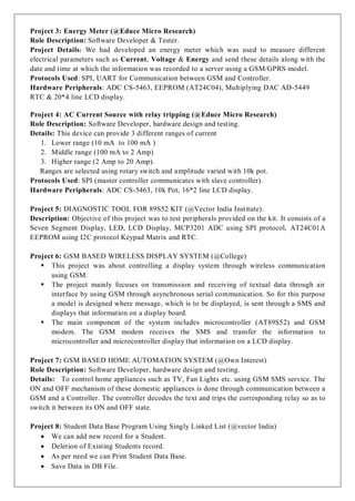 Project 3: Energy Meter (@Educe Micro Research)
Role Description: Software Developer & Tester.
Project Details: We had developed an energy meter which was used to measure different
electrical parameters such as Current, Voltage & Energy and send these details along with the
date and time at which the information was recorded to a server using a GSM/GPRS model.
Protocols Used: SPI, UART for Communication between GSM and Controller.
Hardware Peripherals: ADC CS-5463, EEPROM (AT24C04), Multiplying DAC AD-5449
RTC & 20*4 line LCD display.
Project 4: AC Current Source with relay tripping (@Educe Micro Research)
Role Description: Software Developer, hardware design and testing.
Details: This device can provide 3 different ranges of current
1. Lower range (10 mA to 100 mA )
2. Middle range (100 mA to 2 Amp)
3. Higher range (2 Amp to 20 Amp).
Ranges are selected using rotary switch and amplitude varied with 10k pot.
Protocols Used: SPI (master controller communicates with slave controller).
Hardware Peripherals: ADC CS-5463, 10k Pot, 16*2 line LCD display.
Project 5: DIAGNOSTIC TOOL FOR 89S52 KIT (@Vector India Institute).
Description: Objective of this project was to test peripherals provided on the kit. It consists of a
Seven Segment Display, LED, LCD Display, MCP3201 ADC using SPI protocol, AT24C01A
EEPROM using I2C protocol Keypad Matrix and RTC.
Project 6: GSM BASED WIRELESS DISPLAY SYSTEM (@College)
 This project was about controlling a display system through wireless communication
using GSM.
 The project mainly focuses on transmission and receiving of textual data through air
interface by using GSM through asynchronous serial communication. So for this purpose
a model is designed where message, which is to be displayed, is sent through a SMS and
displays that information on a display board.
 The main component of the system includes microcontroller (AT89S52) and GSM
modem. The GSM modem receives the SMS and transfer the information to
microcontroller and microcontroller display that information on a LCD display.
Project 7: GSM BASED HOME AUTOMATION SYSTEM (@Own Interest)
Role Description: Software Developer, hardware design and testing.
Details: To control home appliances such as TV, Fan Lights etc. using GSM SMS service. The
ON and OFF mechanism of these domestic appliances is done through communication between a
GSM and a Controller. The controller decodes the text and trips the corresponding relay so as to
switch it between its ON and OFF state.
Project 8: Student Data Base Program Using Singly Linked List (@vector India)
 We can add new record for a Student.
 Deletion of Existing Students record.
 As per need we can Print Student Data Base.
 Save Data in DB File.
 