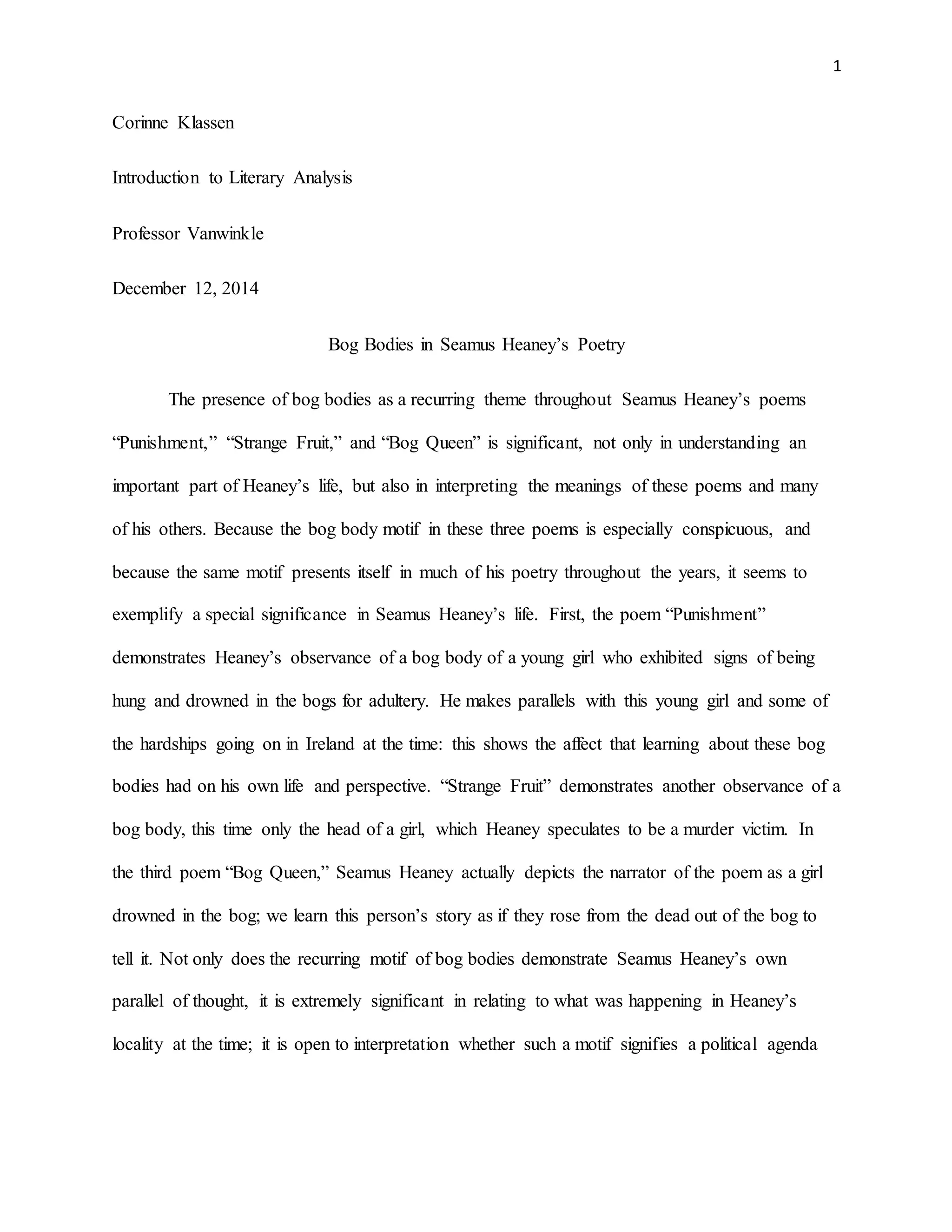 Bog Bodies in Seamus Heaney's Poetry Paper | DOCX