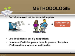 METHODOLOGIE
8
• Entretiens avec les acteurs principaux
+ 
• Les documents qui s'y rapportent
• La revue d'articles parus dans la presse / les sites
d’informations locaux et nationales
retranscrip
tion
 
