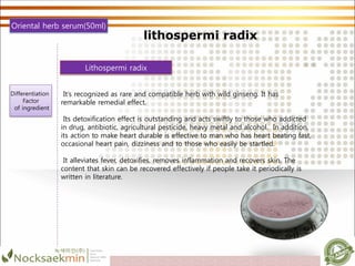 Lithospermi radix
It’s recognized as rare and compatible herb with wild ginseng. It has
remarkable remedial effect.
Its detoxification effect is outstanding and acts swiftly to those who addicted
in drug, antibiotic, agricultural pesticide, heavy metal and alcohol. In addition,
its action to make heart durable is effective to man who has heart beating fast,
occasional heart pain, dizziness and to those who easily be startled.
It alleviates fever, detoxifies, removes inflammation and recovers skin. The
content that skin can be recovered effectively if people take it periodically is
written in literature.
Oriental herb serum(50ml)
Differentiation
Factor
of ingredient
lithospermi radix
 