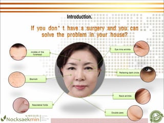 Introduction.
Relieving dark circle
Double jaws
Neck wrinkle
Nasolabial folds
Eye rims wrinkle
middle of the
forehead
Blemish
 