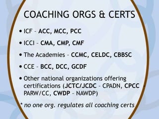COACHING ORGS & CERTS
 ICF – ACC, MCC, PCC
 ICCI – CMA, CMP, CMF
 The Academies – CCMC, CELDC, CBBSC
 CCE – BCC, DCC, GCDF
 Other national organizations offering
certifications (JCTC/JCDC – CPADN, CPCC -
PARW/CC, CWDP – NAWDP)
* no one org. regulates all coaching certs
 