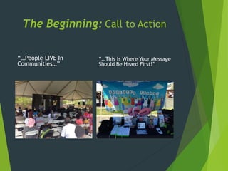 The Beginning: Call to Action
“…People LIVE In
Communities…”
“…This Is Where Your Message
Should Be Heard First!”
 