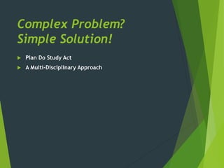 Complex Problem?
Simple Solution!
 Plan Do Study Act
 A Multi-Disciplinary Approach
 