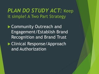 PLAN DO STUDY ACT: Keep
it simple! A Two Part Strategy
 Community Outreach and
Engagement/Establish Brand
Recognition and Brand Trust
 Clinical Response/Approach
and Authorization
 