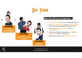 Pierre Cantagrel
CEO
Expert in hardware development
& validation
Our Team
contact@analogpowerlab.com
www.analogpowerlab.com 13
Jeremy Magade
Technician
Validation expert
Jerome Michelot
CEO
Expert in automation
Software development
Strong team spirit raises the company’s performance.
Our open-minded, young, however, well experienced
team is focused on meeting our customer’s needs.
Our trumps are flexibility, reactivity, & cost-
competitiveness.
Our goal is to establish and maintain strong & close
B2B relations with our interlocutors.
We provide our clients with ISO certified services !
More than 20 years of experience :
 