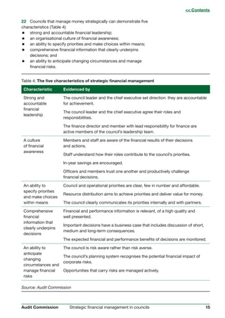 15Strategic financial management in councilsAudit Commission
22	 Councils that manage money strategically can demonstrate five
characteristics (Table 4):
 strong and accountable financial leadership;
 an organisational culture of financial awareness;
 an ability to specify priorities and make choices within means;
 comprehensive financial information that clearly underpins
decisions; and
 an ability to anticipate changing circumstances and manage
financial risks.
Table 4: The five characteristics of strategic financial management
Characteristic Evidenced by
Strong and
accountable
financial
leadership
The council leader and the chief executive set direction: they are accountable
for achievement.
The council leader and the chief executive agree their roles and
responsibilities.
The finance director and member with lead responsibility for finance are
active members of the council’s leadership team.
A culture
of financial
awareness
Members and staff are aware of the financial results of their decisions
and actions.
Staff understand how their roles contribute to the council’s priorities.
In-year savings are encouraged.
Officers and members trust one another and productively challenge
financial decisions.
An ability to
specify priorities
and make choices
within means
Council and operational priorities are clear, few in number and affordable.
Resource distribution aims to achieve priorities and deliver value for money.
The council clearly communicates its priorities internally and with partners.
Comprehensive
financial
information that
clearly underpins
decisions
Financial and performance information is relevant, of a high quality and
well presented.
Important decisions have a business case that includes discussion of short,
medium and long-term consequences.
The expected financial and performance benefits of decisions are monitored.
An ability to
anticipate
changing
circumstances and
manage financial
risks
The council is risk aware rather than risk averse.
The council’s planning system recognises the potential financial impact of
corporate risks.
Opportunities that carry risks are managed actively.
Source: Audit Commission
 Contents
 