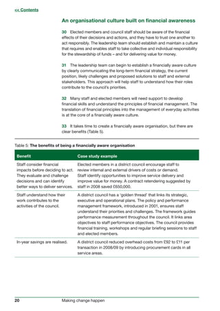 20 Making change happen
An organisational culture built on financial awareness
30	 Elected members and council staff should be aware of the financial
effects of their decisions and actions, and they have to trust one another to
act responsibly. The leadership team should establish and maintain a culture
that requires and enables staff to take collective and individual responsibility
for the stewardship of funds – and for delivering value for money.
31	 The leadership team can begin to establish a financially aware culture
by clearly communicating the long-term financial strategy, the current
position, likely challenges and proposed solutions to staff and external
stakeholders. This approach will help staff to understand how their roles
contribute to the council’s priorities.
32	 Many staff and elected members will need support to develop
financial skills and understand the principles of financial management. The
translation of financial principles into the management of everyday activities
is at the core of a financially aware culture.
33	 It takes time to create a financially aware organisation, but there are
clear benefits (Table 5).
Table 5: The benefits of being a financially aware organisation
Benefit Case study example
Staff consider financial
impacts before deciding to act.
They evaluate and challenge
decisions and can identify
better ways to deliver services.
Elected members in a district council encourage staff to
review internal and external drivers of costs or demand.
Staff identify opportunities to improve service delivery and
improve value for money. A contract retendering suggested by
staff in 2008 saved £650,000.
Staff understand how their
work contributes to the
activities of the council.	
A district council has a ‘golden thread’ that links its strategic,
executive and operational plans. The policy and performance
management framework, introduced in 2001, ensures staff
understand their priorities and challenges. The framework guides
performance measurement throughout the council. It links area
objectives to staff performance objectives. The council provides
financial training, workshops and regular briefing sessions to staff
and elected members.
In-year savings are realised. A district council reduced overhead costs from £92 to £11 per
transaction in 2008/09 by introducing procurement cards in all
service areas.
 Contents
 