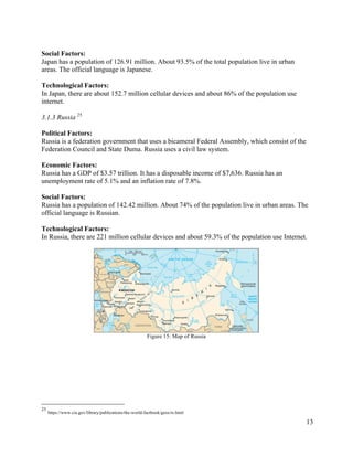 13
Social Factors:
Japan has a population of 126.91 million. About 93.5% of the total population live in urban
areas. The official language is Japanese.
Technological Factors:
In Japan, there are about 152.7 million cellular devices and about 86% of the population use
internet.
3.1.3 Russia 25
Political Factors:
Russia is a federation government that uses a bicameral Federal Assembly, which consist of the
Federation Council and State Duma. Russia uses a civil law system.
Economic Factors:
Russia has a GDP of $3.57 trillion. It has a disposable income of $7,636. Russia has an
unemployment rate of 5.1% and an inflation rate of 7.8%.
Social Factors:
Russia has a population of 142.42 million. About 74% of the population live in urban areas. The
official language is Russian.
Technological Factors:
In Russia, there are 221 million cellular devices and about 59.3% of the population use Internet.
Figure 15: Map of Russia
25
https://www.cia.gov/library/publications/the-world-factbook/geos/rs.html
 