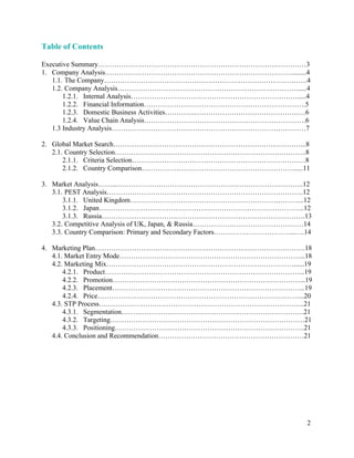 2
Table of Contents
Executive Summary………………………………………………………………………………3
1. Company Analysis………………………………………………………………………........4
1.1. The Company…………………………………………………………………………….4
1.2. Company Analysis…………………………………………………………………….....4
1.2.1. Internal Analysis……………………………………………………………….....4
1.2.2. Financial Information…………………………………………………………….5
1.2.3. Domestic Business Activities………….…………………………………………6
1.2.4. Value Chain Analysis…………………………………………………………….6
1.3 Industry Analysis…………………………………………………………………………7
2. Global Market Search………………………………………………………………………...8
2.1. Country Selection………………………………………………………………………..8
2.1.1. Criteria Selection…………………………………………………………………8
2.1.2. Country Comparison………………………………………………………….....11
3. Market Analysis……...……………….……………………………………………………..12
3.1. PEST Analysis………………………………………………………………………….12
3.1.1. United Kingdom………………………………………………………………....12
3.1.2. Japan……………………………………………………………………………..12
3.1.3. Russia…………………………………………………………………………….13
3.2. Competitive Analysis of UK, Japan, & Russia…………………………………………14
3.3. Country Comparison: Primary and Secondary Factors……………………………...….14
4. Marketing Plan……………………………………………………………………………….18
4.1. Market Entry Mode……………………………………………………………………...18
4.2. Marketing Mix………………………………………………………………………......19
4.2.1. Product…………………………………………………………………………...19
4.2.2. Promotion………………………………………………………………………...19
4.2.3. Placement………………………………………………………………………...19
4.2.4. Price……………………………………………………………………………...20
4.3. STP Process……………………………………………………………………………..21
4.3.1. Segmentation…………………………………………………………………….21
4.3.2. Targeting…………………………………………………………………………21
4.3.3. Positioning……………………………………………………………………….21
4.4. Conclusion and Recommendation………………………………………………………21
 
