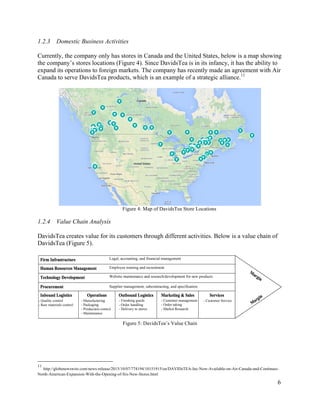 6
1.2.3 Domestic Business Activities
Currently, the company only has stores in Canada and the United States, below is a map showing
the company’s stores locations (Figure 4). Since DavidsTea is in its infancy, it has the ability to
expand its operations to foreign markets. The company has recently made an agreement with Air
Canada to serve DavidsTea products, which is an example of a strategic alliance.11
Figure 4: Map of DavidsTea Store Locations
1.2.4 Value Chain Analysis
DavidsTea creates value for its customers through different activities. Below is a value chain of
DavidsTea (Figure 5).
Figure 5: DavidsTea’s Value Chain
11
http://globenewswire.com/news-release/2015/10/07/774194/10151915/en/DAVIDsTEA-Inc-Now-Available-on-Air-Canada-and-Continues-
North-American-Expansion-With-the-Opening-of-Six-New-Stores.html
Legal, accounting, and financial management
Employee training and recruitment
Website maintenance and research/development for new products
Supplier management, subcontracting, and specification
- Quality control
- Raw materials control
- Manufacturing
- Packaging
- Production control
- Maintenance
- Finishing goods
- Order handling
- Delivery to stores
- Customer management
- Order taking
- Market Research
- Customer Service
 