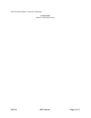 Adult Vocational Program - Electronics Technology
LANGUAGES
Spanish - Professional Fluency
5/27/15 AXP Internal Page 2 of 2
 