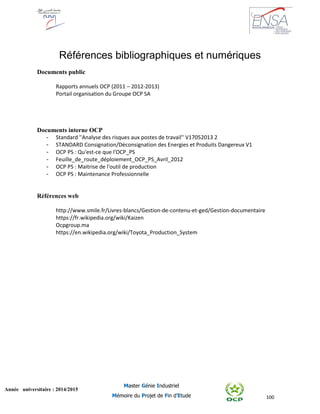 100
Année universitaire : 2014/2015
Master Génie Industriel
Mémoire du Projet de Fin d’Etude
Références bibliographiques et numériques
Documents public
Rapports annuels OCP (2011 – 2012-2013)
Portail organisation du Groupe OCP SA
Documents interne OCP
- Standard ''Analyse des risques aux postes de travail'' V17052013 2
- STANDARD Consignation/Déconsignation des Energies et Produits Dangereux V1
- OCP PS : Qu'est-ce que l'OCP_PS
- Feuille_de_route_déploiement_OCP_PS_Avril_2012
- OCP PS : Maitrise de l'outil de production
- OCP PS : Maintenance Professionnelle
Références web
http://www.smile.fr/Livres-blancs/Gestion-de-contenu-et-ged/Gestion-documentaire
https://fr.wikipedia.org/wiki/Kaizen
Ocpgroup.ma
https://en.wikipedia.org/wiki/Toyota_Production_System
 