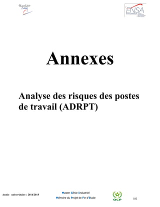 102
Année universitaire : 2014/2015
Master Génie Industriel
Mémoire du Projet de Fin d’Etude
Annexes
Analyse des risques des postes
de travail (ADRPT)
 