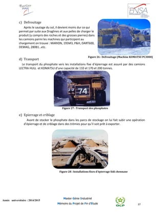 37
Année universitaire : 2014/2015
Master Génie Industriel
Mémoire du Projet de Fin d’Etude
c) Defrouitage
Après le sautage du sol, il devient moins dur ce qui
permet par suite aux Draglines et aux pelles de charger le
produit (y compris des roches et des grosses pierres) dans
les camions parmi les machines qui participent au
chargement on trouve : MARION, 195M3, P&H, DART600,
DEMAG, 280B1…etc.
d) Transport
Le transport du phosphate vers les installations fixe d’épierrage est assuré par des camions
LECTRA HULL et KOMATSU d’une capacité de 110 et 170 et 200 tonnes.
e) Epierrage et criblage
Avant de stocker le phosphate dans les parcs de stockage on lui fait subir une opération
d’épierrage et de criblage dans des trémies pour qu’il soit prêt à exporter.
Figure 26 : Defrouitage (Machine KOMATSU PC3000)
Figure 27 : Transport des phosphates
Figure 28 : Installations fixes d'épierrage Sidi chennane
 