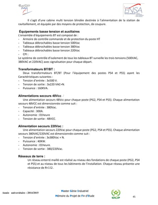 45
Année universitaire : 2014/2015
Master Génie Industriel
Mémoire du Projet de Fin d’Etude
Il s’agit d’une cabine multi tension blindée destinée à l’alimentation de la station de
ravitaillement, et équipée par des moyens de protection, de coupure.
Équipements basse tension et auxiliaires
L’ensemble d’équipements BT est composé de :
- Armoire de contrôle commande et de protection du poste HT
- Tableaux débrochables basse tension 500Vac
- Tableaux débrochables basse tension 380Vac
- Tableaux débrochables basse tension 220Vac
- CPI :
Le système de contrôle d’isolement de tous les tableaux BT surveille les trois tensions (500VAC,
380VAC et 220VAC) avec signalisation pour chaque départ.
Transformateurs BT/BT :
Deux transformateurs BT/BT (Pour l’équipement des postes PS4 et PS5) ayant les
Caractéristiques suivantes :
- Tension d’entrée : 3x500 V.
- Tension de sortie : 3x220 VAC+N.
- Puissance : 160KVA.
Alimentations secours 48Vcc :
Une alimentation secours 48Vcc pour chaque poste (PG2, PS4 et PS5). Chaque alimentation
secours 48VCC est dimensionnée comme suit :
- Tension d’entrée : 380Vac.
- Capacité : 300A.
- Autonomie : 01heure
- Tension de sortie : 48VCC.
Alimentation secours 220Vac :
Une alimentation secours 220Vac pour chaque poste (PG2, PS4 et PS5). Chaque alimentation
secours 380VAC/220VAC est dimensionnée comme suit :
- Tension d’entrée : 3x380Vac + N.
- Puissance : 40KW.
- Autonomie : 01heure.
- Tension de sortie : 380/220Vac.
Réseaux de terre :
Un réseau enterré maillé est réalisé au niveau des fondations de chaque poste (PG2, PS4
et PS5) et au niveau de tous les bâtiments de l’installation. Chaque réseau présente une
résistance de R<1Ω.
 