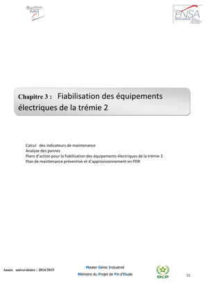 51
Année universitaire : 2014/2015
Master Génie Industriel
Mémoire du Projet de Fin d’Etude
Calcul des indicateurs de maintenance
Analyse des pannes
Plans d’action pour la fiabilisation des équipements électriques de la trémie 2
Plan de maintenance préventive et d’approvisionnement en PDR
Chapitre 3 : Fiabilisation des équipements
électriques de la trémie 2
 